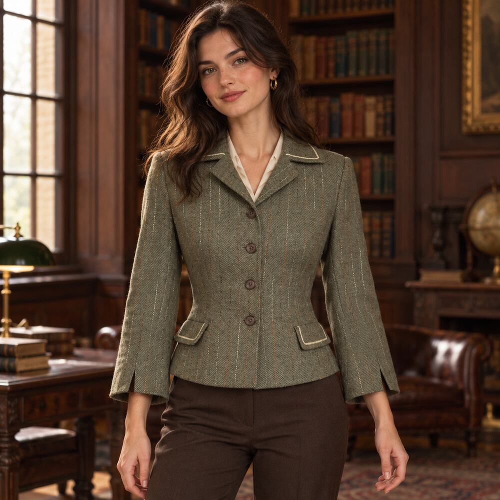 Y2K Halogen Wool Tweed Womens Crop Blazer Sz S Dark Academia Pin Stripe Preppy